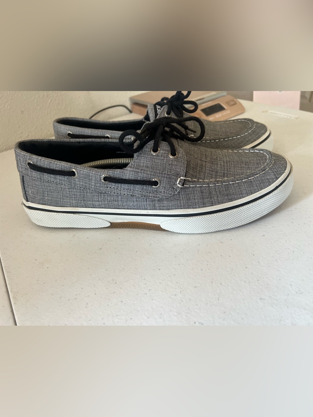 Sperry Men's Halyard 2 Eye boat shoes Black Linen/ Gray 12 Preppy Beach Casual